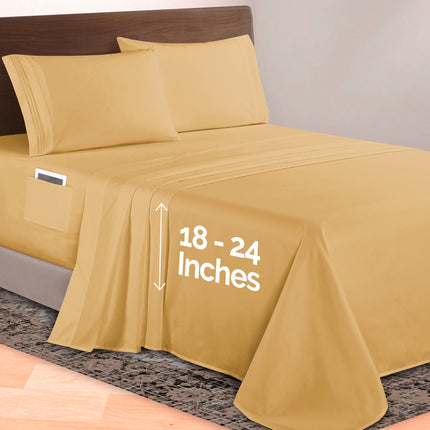 Elegant Comfort Luxurious 1500 Premium Hotel Quality Microfiber 4-Piece Sheet Set, 18-24 Inches Deep - Extra Deep Pocket Sheets - Ultra Soft 4PC Deep Pocket Sheets, King, Camel-Gold