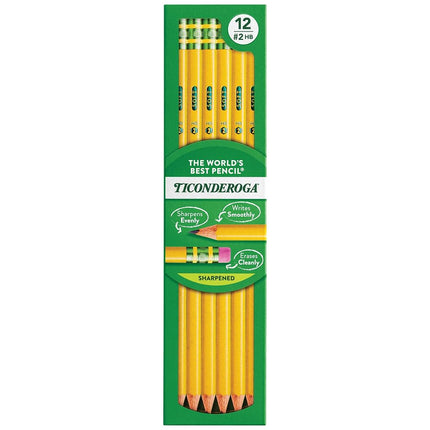 Dixon Ticonderoga Wood-Cased #2 HB Pencils, Pre-Sharpened, Box of 12, Yellow (13806)