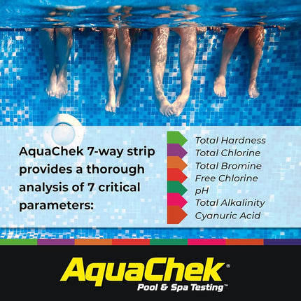 AquaChek 7-Way Pool and Spa Test Strips - Silver Pool Test Strips For pH, Total Chlorine, Free Chlorine, Bromine, Alkalinity, Total Hardness, and Cyanuric Acid - Water Quality Testing Kit (100 Strips)