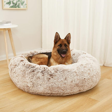 Bedfolks Calming Donut Dog Bed, 114CM Round Fluffy Dog Beds for Extra Large Dogs, Anti-Anxiety Plush Dog Bed, Washable Pet Bed with Non-Slip Bottom (Brown, Extra Large)