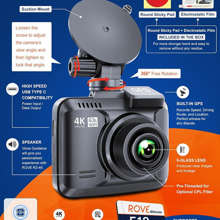 Rove R2-4K Dash Cam Built in WiFi GPS Car Dashboard Camera Recorder with UHD 2160P, 2.4" LCD, 150° Wide Angle, WDR, Night Vision