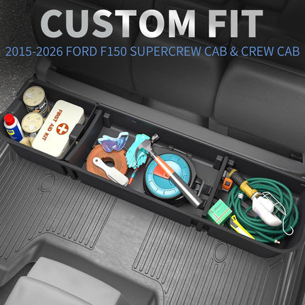 Rangement sous siège oEdRo pour Ford F150 (2015-2025) SuperCrew/Crew Cab et F-250/350/450/550 (2017-2024) Super Duty, boîte de rangement et organisateur d'outils améliorés sous le siège arrière du F-150