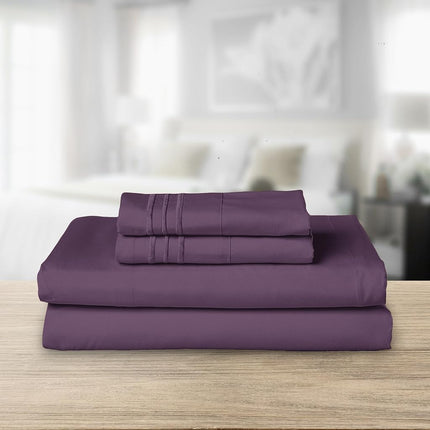 Elegant Comfort Luxurious 1500 Premium Hotel Quality Microfiber Three Line Embroidered Softest 4-Piece Bed Sheet Set, Wrinkle and Fade Resistant, Queen, Eggplant-Purple