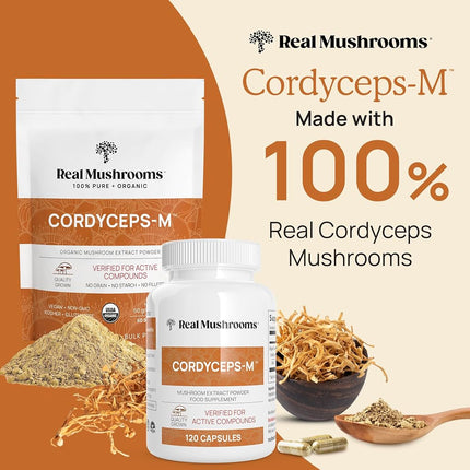 Cápsulas de Cordyceps Real Mushrooms - Suplemento de Rendimiento con Extracto de Hongo Cordyceps para Energía y Apoyo Inmunológico, Suplemento Vegano, No Transgénico, 120 Cápsulas