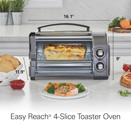 Four grille-pain Hamilton Beach Easy Reach 4 tranches avec porte roulante, argent, four de comptoir 1200W, cuisson, gril et rôtissoire, convient à une pizza de 23 cm, 31344DA