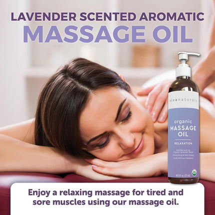 Organic Massage Oil with Lavender Scent (8 fl. oz.) - Non-Greasy Lavender Body Oil with Mess-Free Pump, Perfect for Sleep and Relaxation, Certified Organic and Non-GMO, 237 mL