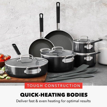 GreenPan x Bobby Flay Juego de ollas y sartenes antiadherentes de 13 piezas, cerámica con infusión de diamante sin PFAS, apto para inducción, fácil de limpiar apto para lavavajillas y horno, asas de silicona que se mantienen frías, tapas de vidrio, negro