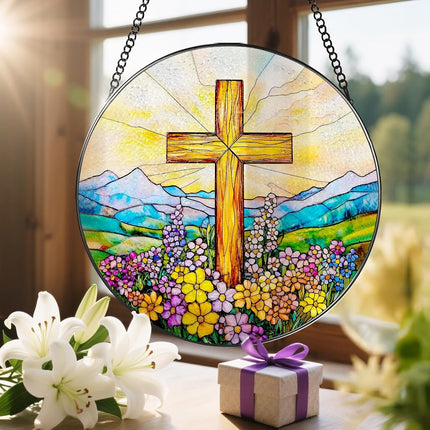 8 Inch Cross Wildflower Stained Glass Suncatcher, Christian Stained Glass Window Hanging, Religious Cross Sun Catcher, Easter Suncatcher Decor, Religious Gifts, Christian Gifts, Easter Gift