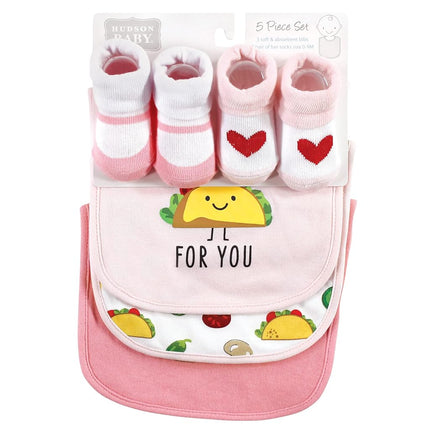 Hudson Baby Unisex BabyCotton Bib and Sock Set, Girl Pizza Taco, One Size