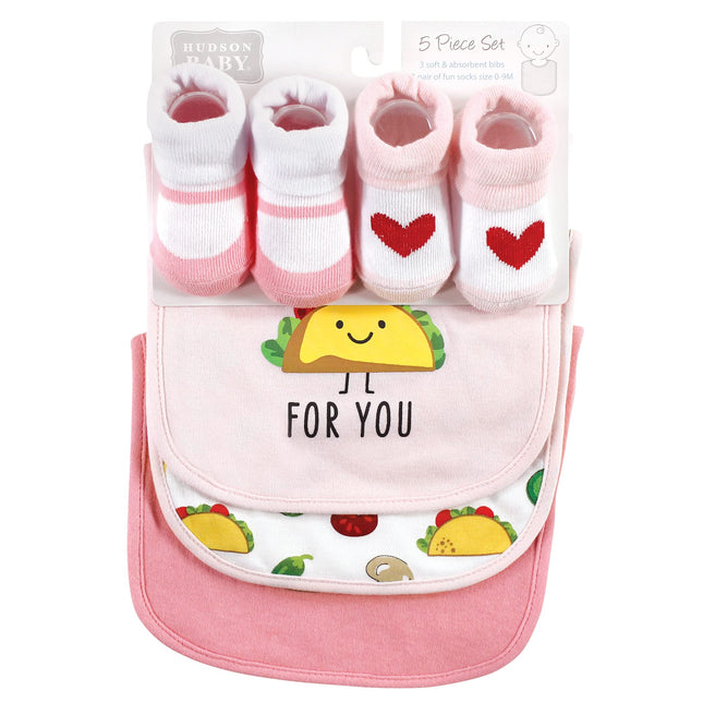Hudson Baby Unisex BabyCotton Bib and Sock Set, Girl Pizza Taco, One Size