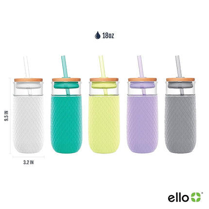 Gobelet en verre Ello Devon avec manchon protecteur en silicone anti-transpiration et couvercle en bois étanche avec paille, 532 ml