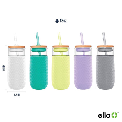 Ello Devon Glass Tumbler with Splash Proof Wooden Lid and Straw, Protective No Sweat Silicone Sleeve, Perfect for Smoothies and Iced Coffee, BPA Free, Dishwasher Safe, Pink Satin, 18oz