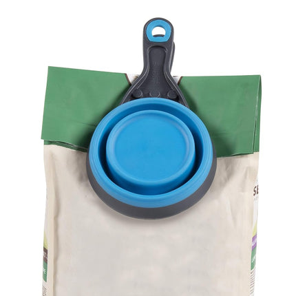 Dexas Pets Collapsible KlipScoop Collapsible Dry Dog Food Scoop and Dog Food Bag Clip, 2 Cup Capacity, Pro Blue