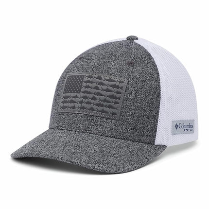 Columbia PFG Mesh Ball Cap-High, Grill Heather/White/US Fish Flag, S/M