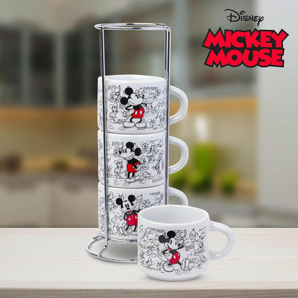 Silver Buffalo Disney Mickey Mouse Vintage Sketches Art 4pc Stackable Ceramic Espresso Small Cup Set, 3 Ounces