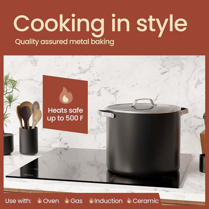 Black 16 Quart Aluminum Stock Pot with Lid, Nonstick Ceramic Coated Boiling Pot, PTFE & PFAS Free, Oven Safe to 500°F, Riveted Stainless Steel Handles, Tempered Glass Lid, All Stove Compatible