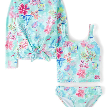 The Children's Place Girls' Long Sleeve Rashguard and Tankini Swimsuit, 3 Piece Set, Tropical Cosmos, X-Small