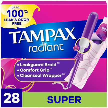 Tampax Radiant Super Plastic Tampons, Unscented, 32 Count, Packaging May Vary