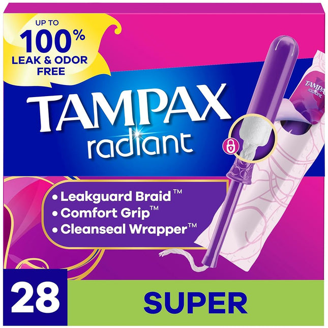 Tampax Radiant Super Plastic Tampons, Unscented, 32 Count, Packaging May Vary