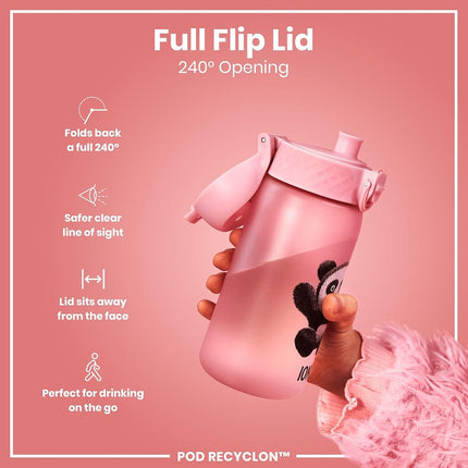 Ion8 Small Water Bottle, 350 ml/12 oz, Leak Proof, Easy to Open, Secure Lock, Dishwasher Safe, BPA Free, Carry Handle, Hygienic Flip Cover, Easy Clean, Odor Free, Carbon Neutral, Pink, Panda Design