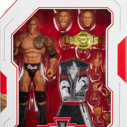 Mattel WWE Ultimate Edition Action Figure & Accessories, 6-inch The Rock Collectible Set, Swappable Heads & Hands, 30 Articulation Points