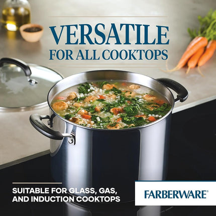 Olla de acero inoxidable Farberware Brilliance con tapa de vidrio, apta para lavavajillas y cocinas de inducción, 8 cuartos