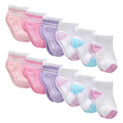Hanes Chaussettes Bébé et Tout-Petit, Chaussettes de Cheville Antidérapantes, Garçons et Filles, Lots Multiples, Blanc/Rose/Rose Chiné/Violet - Paquet de 12, 2-3T