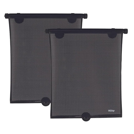 Nuby 14" Roller Vehicle Side Window Sun Protection Shade for Baby | 2 Pack | Pull Down with Suction Cups and Press Button Roll Up | Black