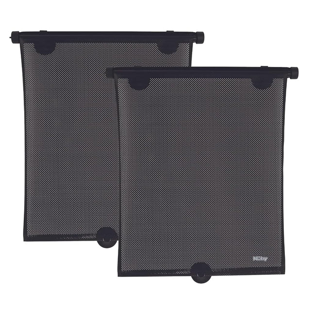 Nuby 14" Roller Vehicle Side Window Sun Protection Shade for Baby | 2 Pack | Pull Down with Suction Cups and Press Button Roll Up | Black