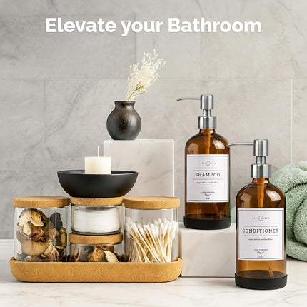 Vine Creations Amber Glass Soap Dispenser 2 Pack, Thick 16oz Bottles with Rustproof Stainless Steel Pump, Modern Farmhouse Vintage Jar, Bathroom Kitchen Accessories, Dish and Hand Soap Labels (Silver)