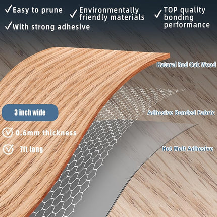ZYJT Red Oak Edge Banding, 3 inch x 7ft Plywood Veneer Wood Edge Banding, Preglued Wood Tape Banding for Cabinet Repair