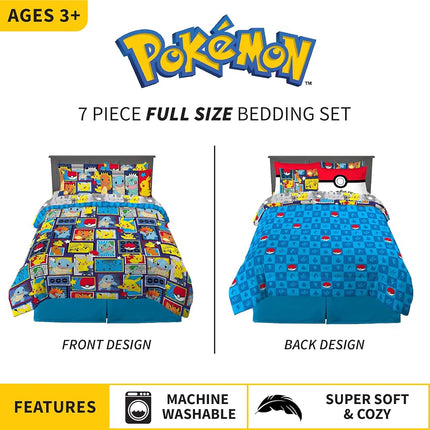 Franco Kids Bedding Super Soft Comforter and Sheet Set with Sham, 7 Piece Full Size, Pokemon