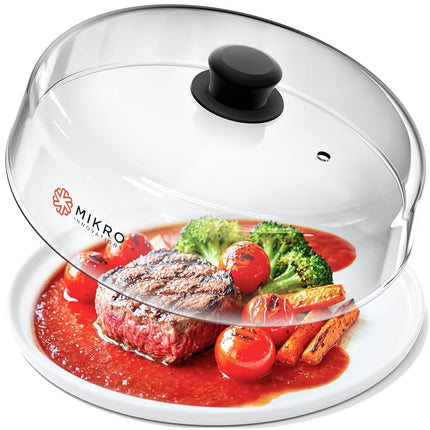 Couvercle en verre pour micro-ondes - Protection anti-éclaboussures en verre borosilicate robuste avec trou d'aération - Bouton en silicone facile à prendre en main 100 % sans BPA et sans danger pour les aliments - Passe au lave-vaisselle - 26,7 cm