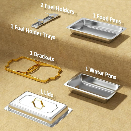 Plats à Frotter pour Buffet, Lot de 1, 8,5 L [Couleurs Or et Argent Élégantes] Ensemble de Plats à Frotter en Acier Inoxydable [Robuste et de Haute Qualité] Chafing Dishes et Chauffe-Plats pour Toutes les Fêtes avec Ensemble Complet