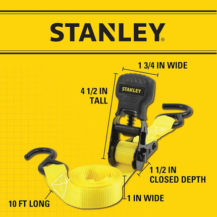 Stanley S10002 Black/Yellow 1" x 10' Ratchet Tie Down Straps - Light Cargo Hauling (1,500 lbs Break Strength), 2 Pack
