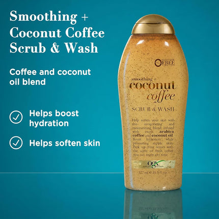 OGX Smoothing + Coconut Coffee Exfoliating Body Scrub with Arabica Coffee & Coconut Oil, Moisturizing Body Wash for Dry Skin, Paraben-Free with Sulfate-Free Surfactants, 19.5 Fl Oz
