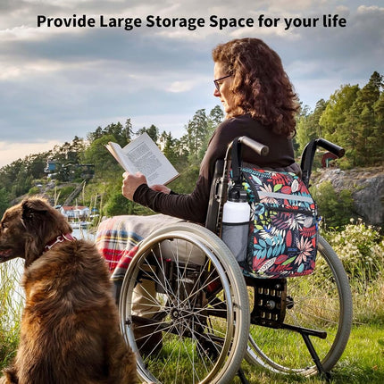 ZHCHG Wheelchair Bags, Wheelchair Backpack with Cup Holder, Wheelchair Bags to Hang on Back, Electric Wheel Chair Accessories, Large Storage Bag for Walker Rollator, Blue Red-leaves, Large, Tie-dyeing