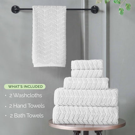 Elegant Comfort Luxury 6-Piece 100% Turkish Cotton Jacquard Braided Textured Premium Hotel Quality Towel Set– Soft and Absorbent, Includes 2 Bath Towels, 2 Hand Towels and 2 Washcloths, White