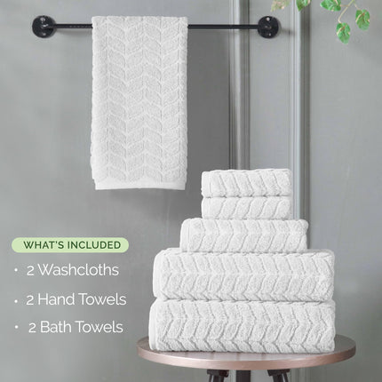 Elegant Comfort Luxury 6-Piece 100% Turkish Cotton Jacquard Braided Textured Premium Hotel Quality Towel Set– Soft and Absorbent, Includes 2 Bath Towels, 2 Hand Towels and 2 Washcloths, White
