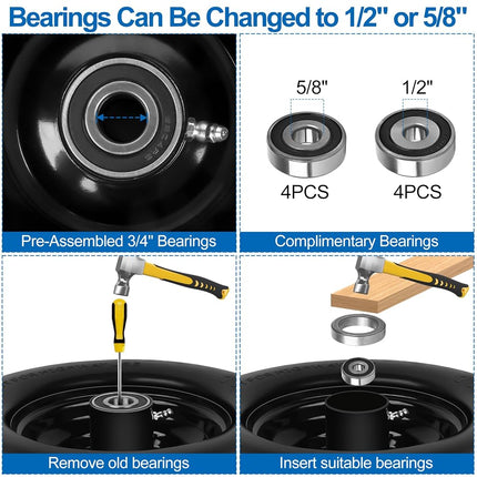 phepetroll 11x6.00-5 Flat Free Lawn Mower Tires and Wheels 3/4" 5/8" 1/2" Ball Bearings, 6"-8" Centered Hub 11x6-5 Zero Turn Mower Front Tires, Smooth Wheels for Commercial Grade Lawn