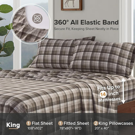 WOOLRICH Cotton Sheet Set Cottage Charms Print, 100% Cotton Flannel Sheets Warm & Fuzzy Bedding Set King Size Sheets, Fitted Pocket Fits Up to 14" Mattress, King Brown Plaid, 4 Piece
