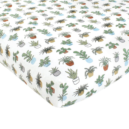 Hudson Baby Sábana bajera ajustable de algodón para cuna, diseño de plantas, talla única