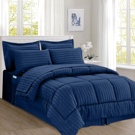 Juego de edredón Elegant Comfort Silky Soft Dobby Stripe de 8 piezas en una bolsa, incluye juego de sábanas inteligentes de 4 piezas, faldón de cama, edredón, fundas de almohada y fundas decorativas a juego - Twin/Twin XL, azul marino
