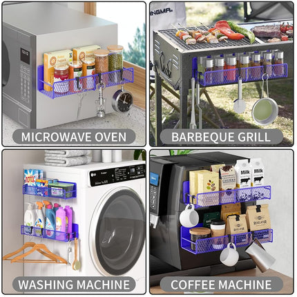 Magnetic Spice Rack for Refrigerator, 2 Pack 100% Metal Strong Magnet Shelf, Space Saving Spice Organizer W/Hooks, Movable Magnetic Fridge Shelf, Kitchen Home Laundry Storage Organization,Purple Blue