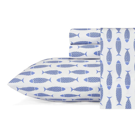 Nautica - Juego de sábanas dobles, juego de ropa de cama de percal de algodón, decoración costera para el hogar, artículos esenciales para dormitorio (pez de bloque de madera azul, individual)