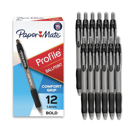 Stylos à bille rétractables Papermate Papermate Profile, pointe large (1,4 mm), 12 unités, noir (89465)