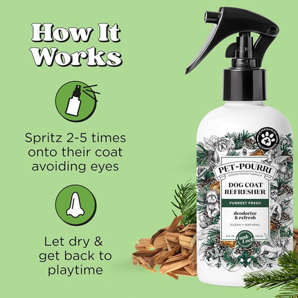 Poo-Pourri Furrest Fresh 8oz Dog Coat Deodorizing Spray – Plant Derived Ingredients – Vet Recommended – Paraben & Sulfate-Free - Grooming perfume Spray for Dog Odor – Fir, Amber, & Cedarwood Scent