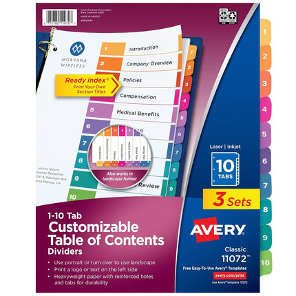 Avery 10-Tab Dividers for 3 Ring Binders, Customizable Table of Contents, Multicolor Tabs, 3 Sets (11072)