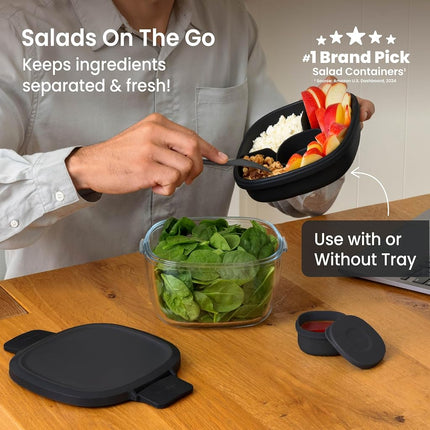 Bentgo Glass All-in-One Salad Container - Large 61-oz Salad Bowl with Lid, 4-Compartment Bento-Style Tray, 3-oz Sauce Container, and Reusable Fork - Dishwasher, Microwave, and Oven Safe (Black Onyx)