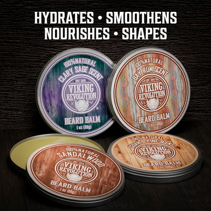 Viking Revolution - Beard Balm - 4 x 28 g Variety Pack - Sandalwood, Pine & Cedar, Bay Rum, Clary Sage - Beard Wax For Men - Styles, Strengthens & Softens - Gifts for Men
